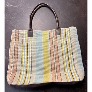 TOTE handbag DASH & ALBERT Blue & Green Stripe 20''‎ x 16'' Leather Handles